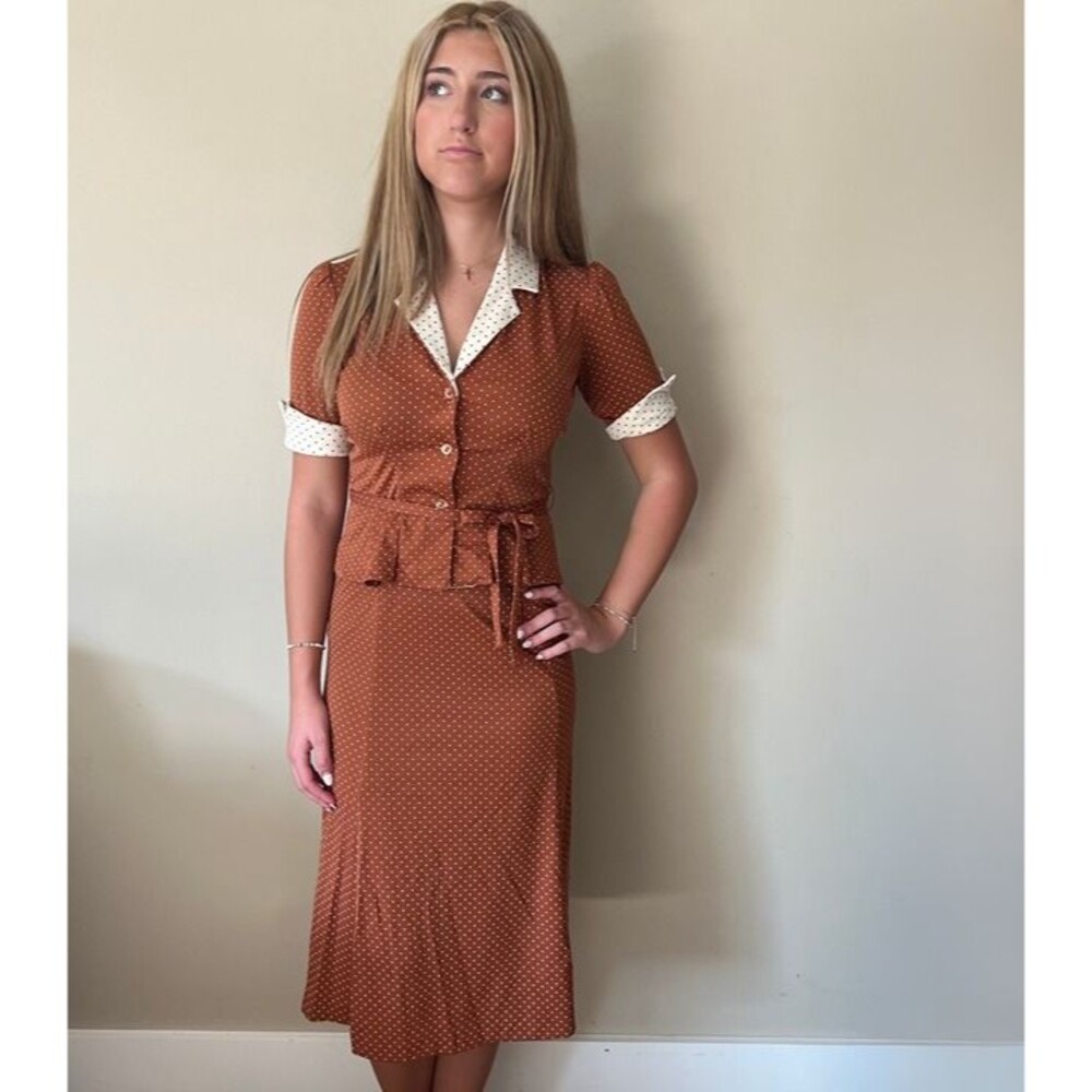 BNWT Deadstock 1950s Vintage Rockabilly 2pc Polka Dot Suit Top & Skirt Outfit 7